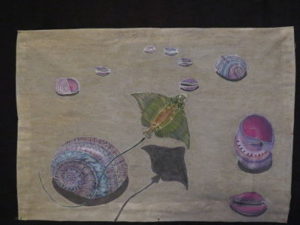 tableau-soie-coquillages-sable