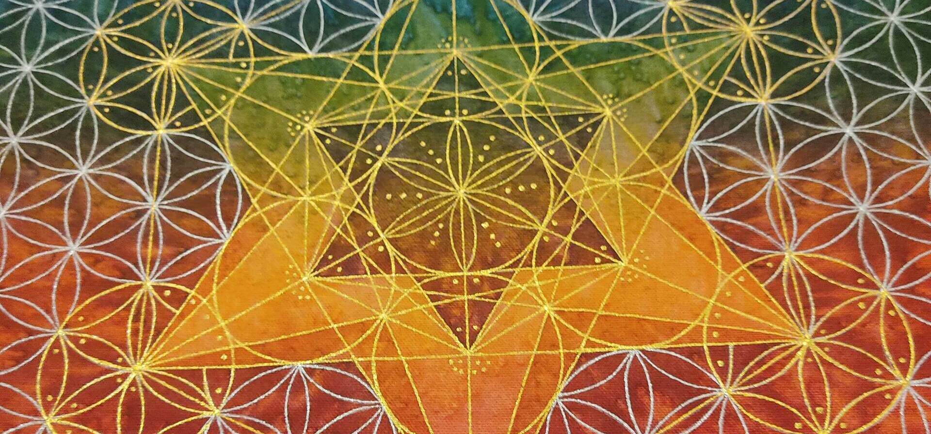 peinture à la main d'une fleur de vie et métatron pour sac tambour sur meure